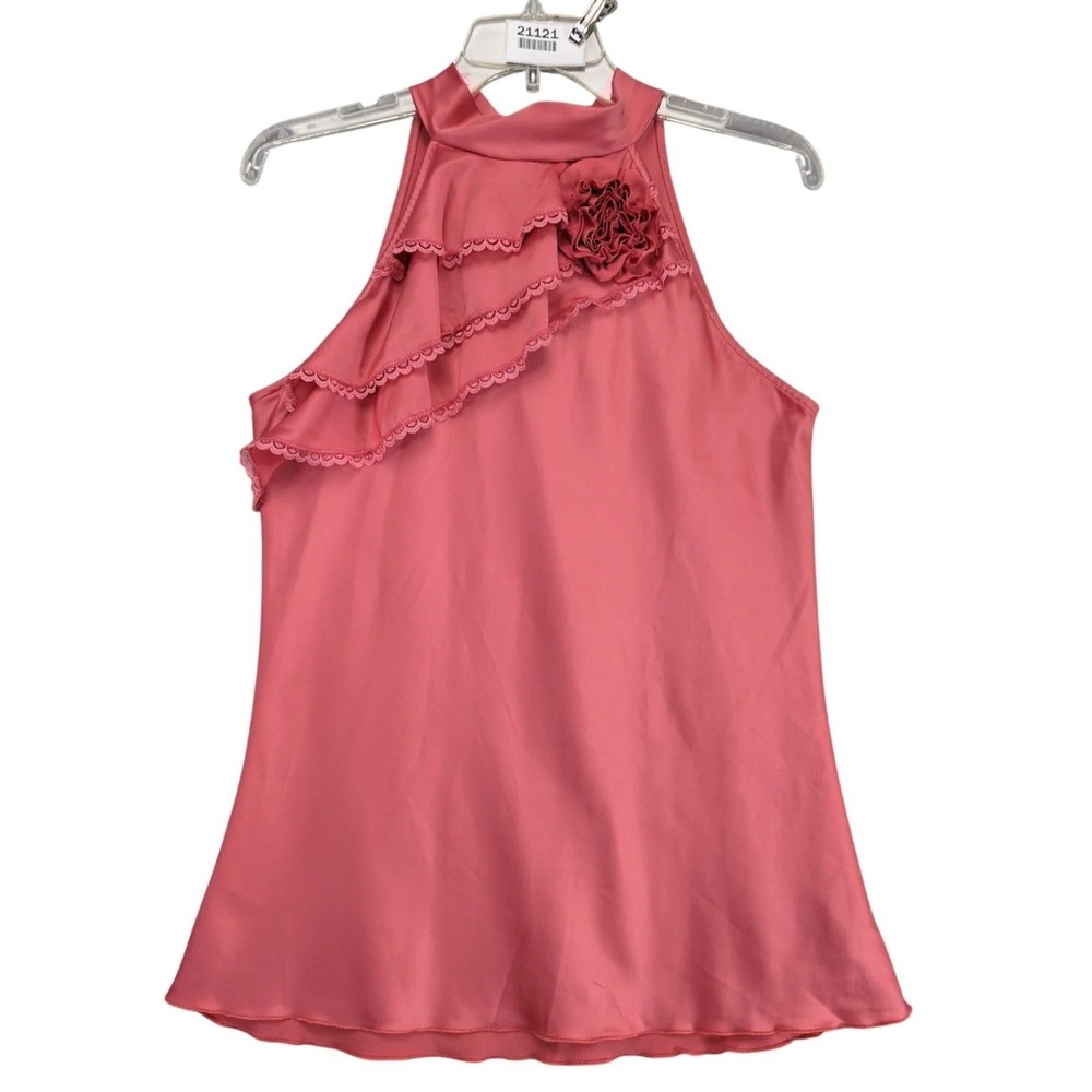 Vtg Y2K B Wear Byer Cali Coral Satin Sleeveless Halter Top Sz M‎ Rosette & Lace